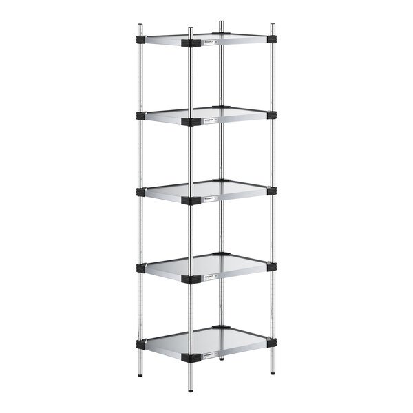 A tall, five-tier shelving unit with solid metal shelves and four vertical support posts.