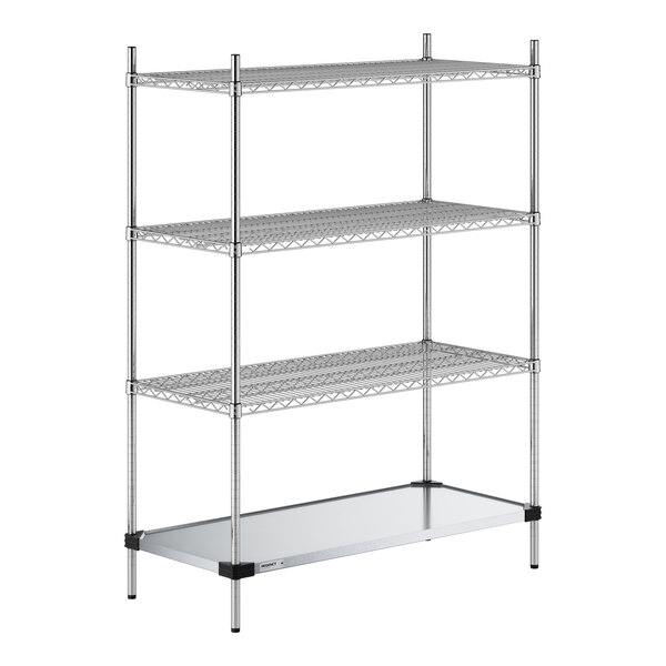 A four-tier metal shelving unit with three wire shelves and one solid bottom shelf, supported by four vertical posts.