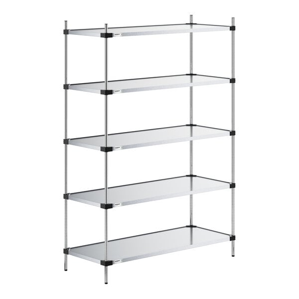 A five-tier metal shelving unit with solid shelves and vertical support posts.