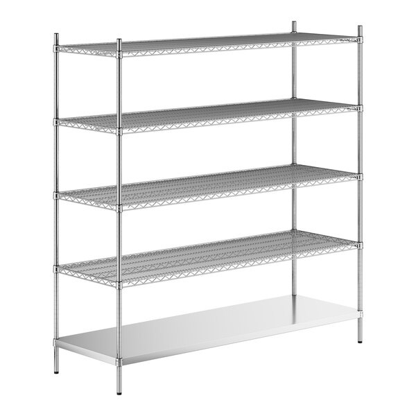 A stainless steel wire shelf kit with a solid bottom and 5 shelves.