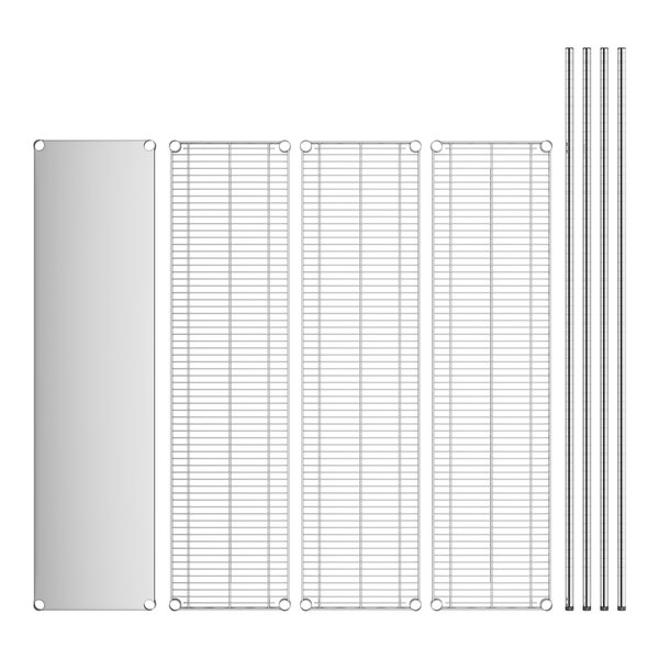 A white stainless steel wire shelf kit with four shelves and metal rods.
