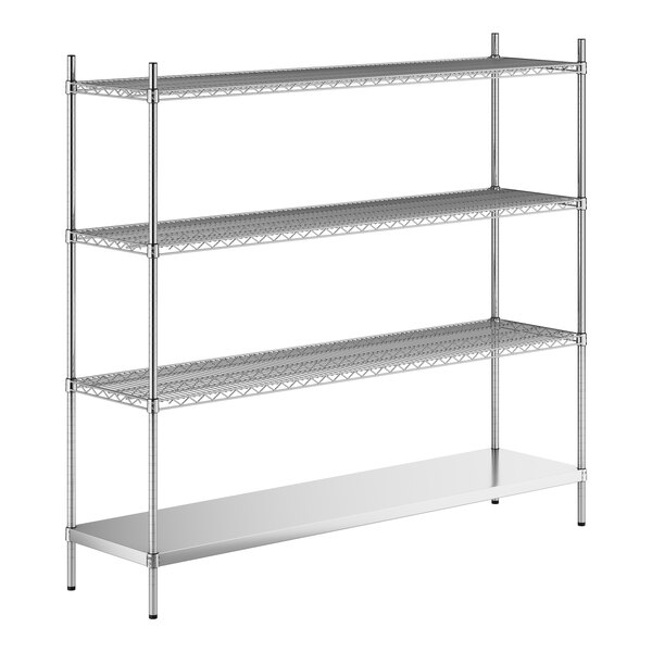 A stainless steel wire shelving unit with solid stainless steel shelves.