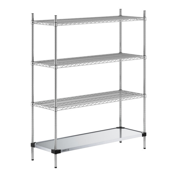 A Regency chrome wire shelving unit with three shelves and a solid metal bottom shelf.