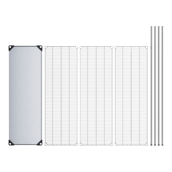 A white rectangular wire shelving unit with metal rods and black corners.