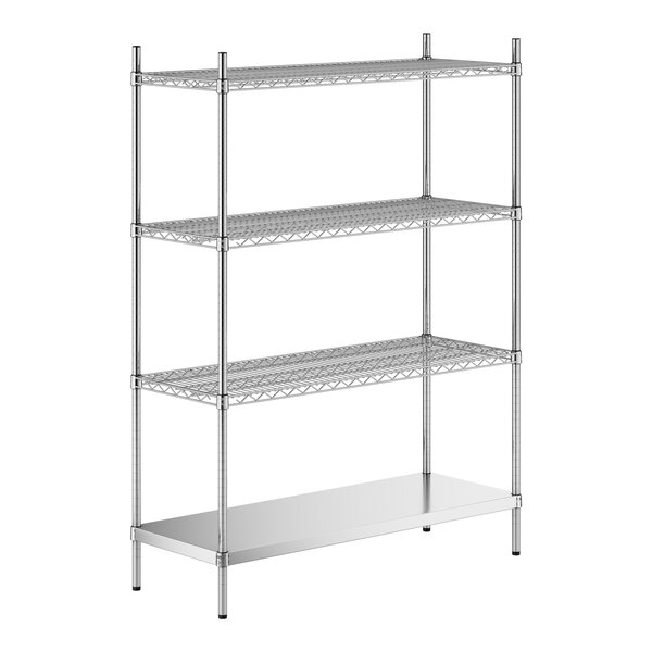 A stainless steel shelf kit with four shelves and posts.
