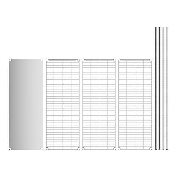 A white metal grid with solid stainless steel shelves and rods.
