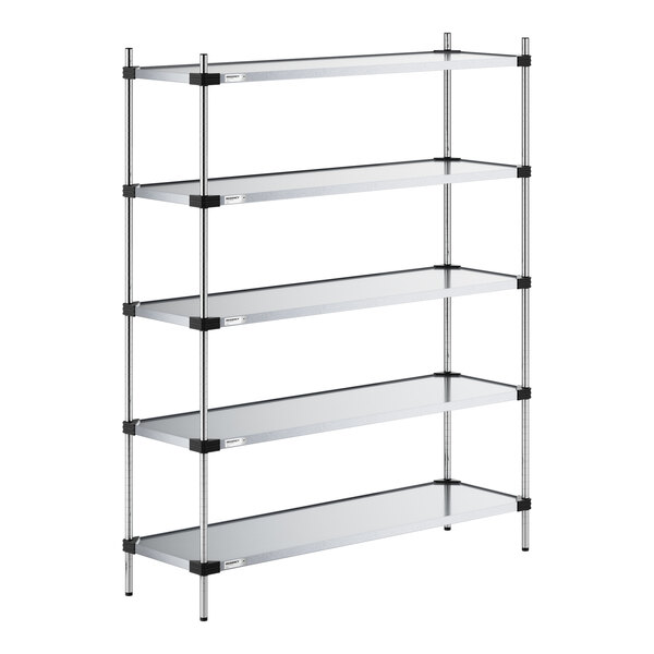 A five-tier shelving unit with solid metal shelves and four vertical posts, featuring a minimalist and industrial design.
