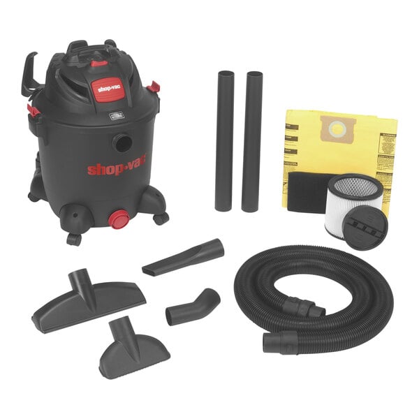 A black Shop-Vac wet/dry utility vacuum with various accessories.