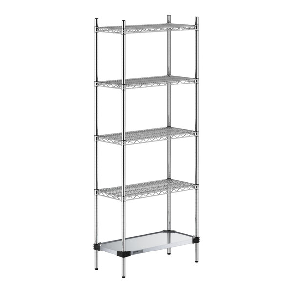A Regency chrome wire shelving unit with a solid metal shelf.