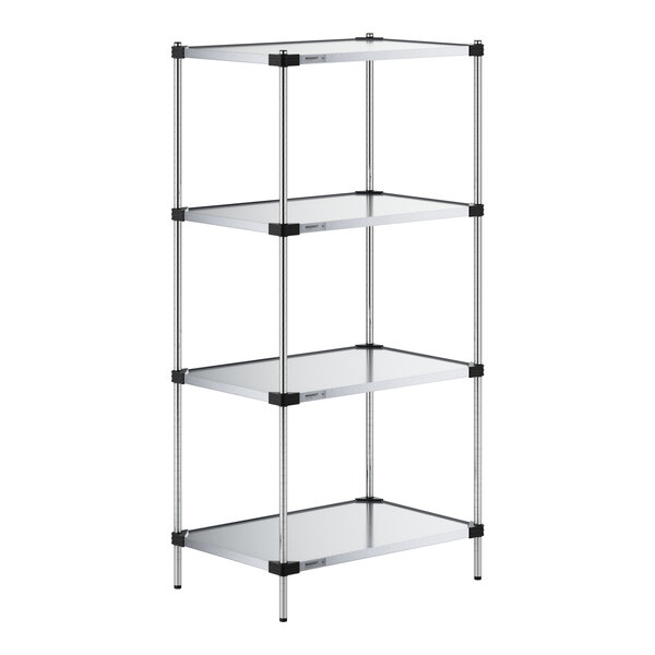 A four-shelf galvanized steel shelving unit with 74-inch posts.