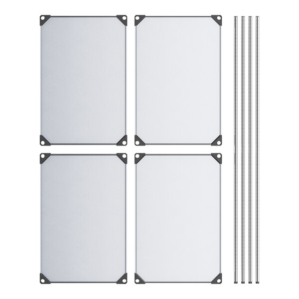 A four-shelf kit made of solid galvanized steel with four rectangular shelves and four tall posts.