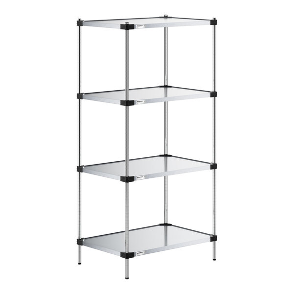 A four-tier metal shelving unit with solid shelves and vertical support posts.