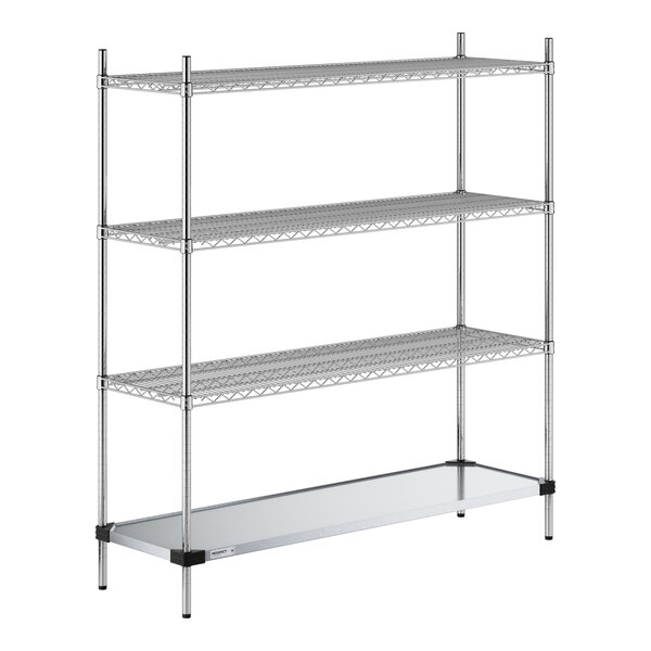 A metal shelving unit with three wire shelves and one solid bottom shelf, supported by four vertical posts.