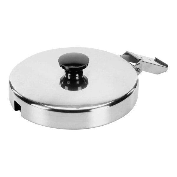 A silver and black Server lid with a black handle.