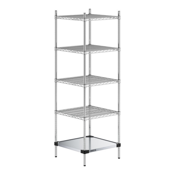 A Regency chrome wire shelving unit with four shelves and a solid metal bottom shelf.