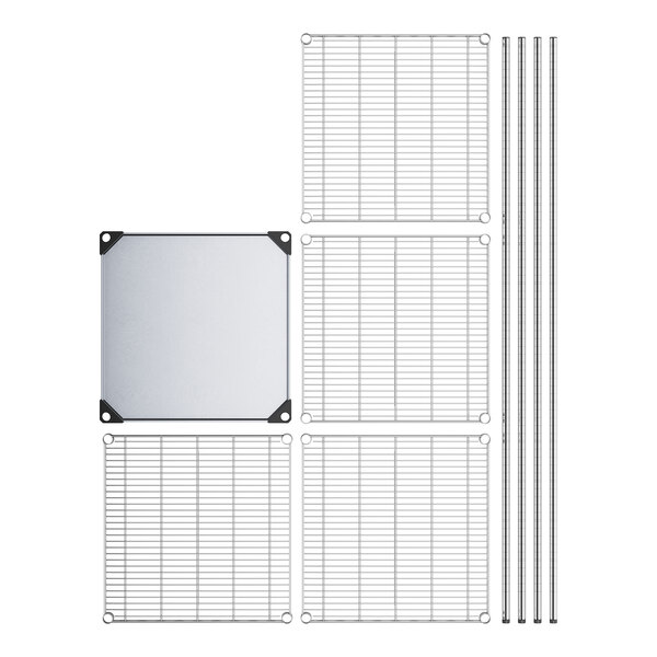 A white metal grid with metal corners and a solid metal square.