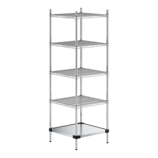 A five-tier metal shelving unit with four wire shelves and one solid bottom shelf, supported by four vertical posts.