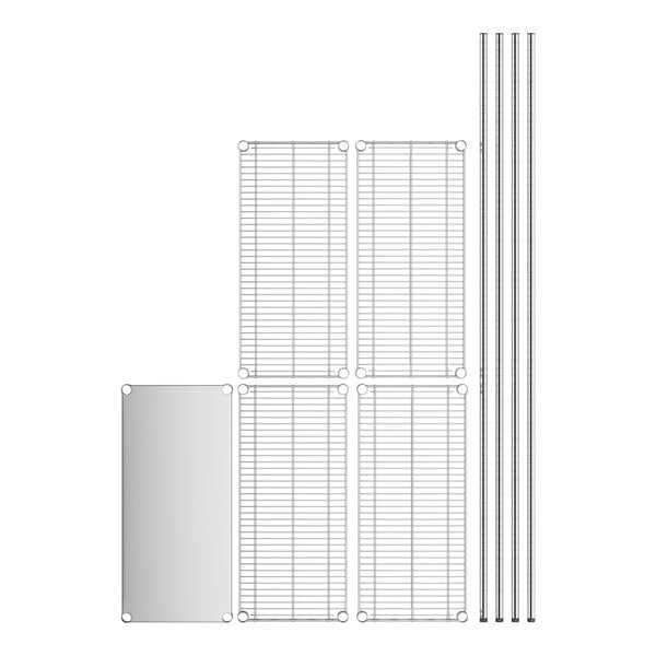 A white grid of stainless steel wire shelves and solid stainless steel rods.