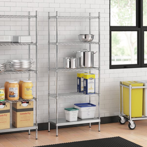 A stainless steel wire shelf kit with solid stainless steel bottom shelves.