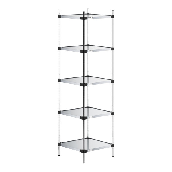 A tall, five-tier shelving unit with square, solid shelves and four vertical metal posts.