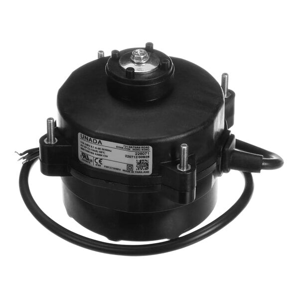 A black round Norlake fan motor with a wire.