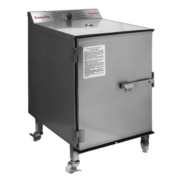 A stainless steel SmokinTex 1400 Pro Series Electric Smoker on wheels.