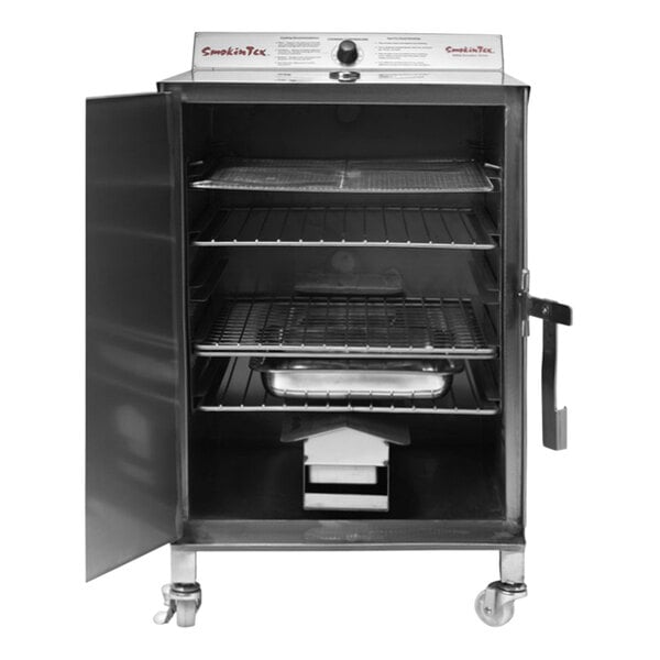 A black and silver SmokinTex 1400 Pro Series electric smoker with shelves of food.