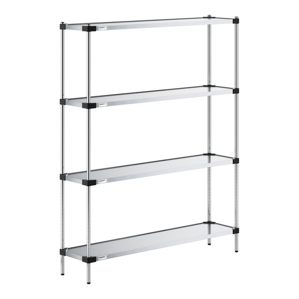 A four-tier shelving unit with solid metal shelves and vertical posts, featuring a minimalist and industrial design.