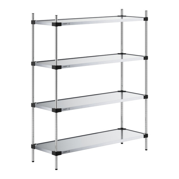A Regency galvanized metal wire shelving unit with four shelves and black posts.
