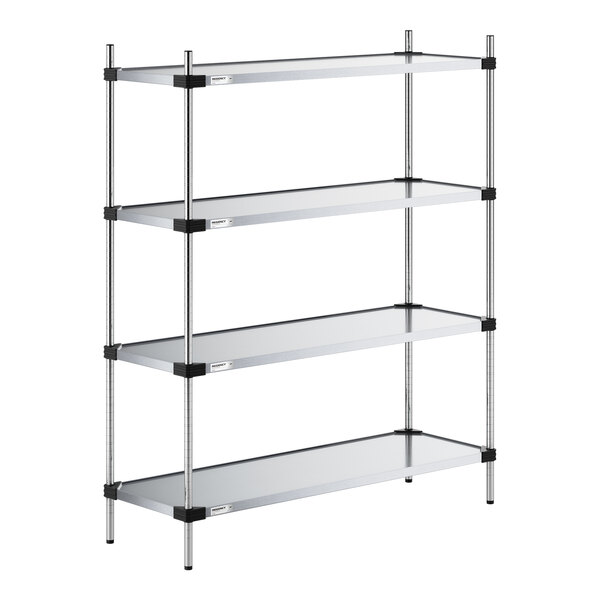 A four-tier metal shelving unit with solid shelves and vertical posts, shown against a white background.