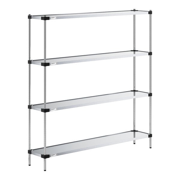 A four-tier metal shelving unit with solid shelves and vertical support posts.