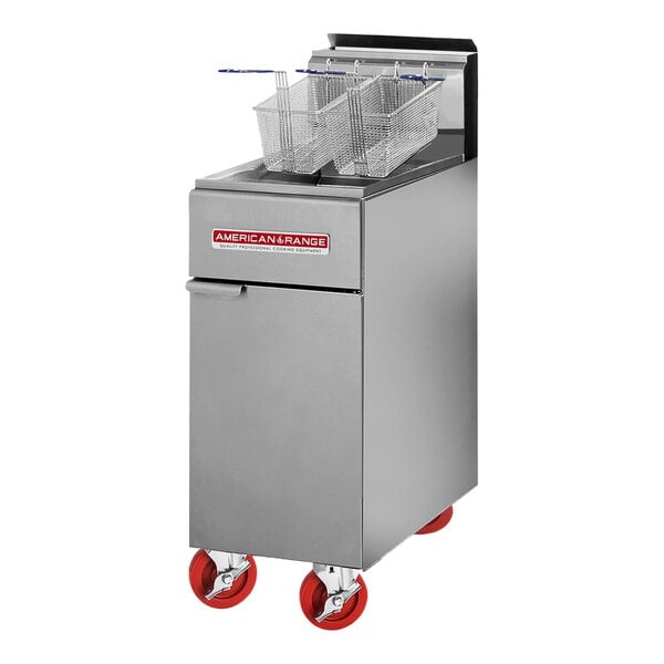An American Range stainless steel gas fryer with a basket.