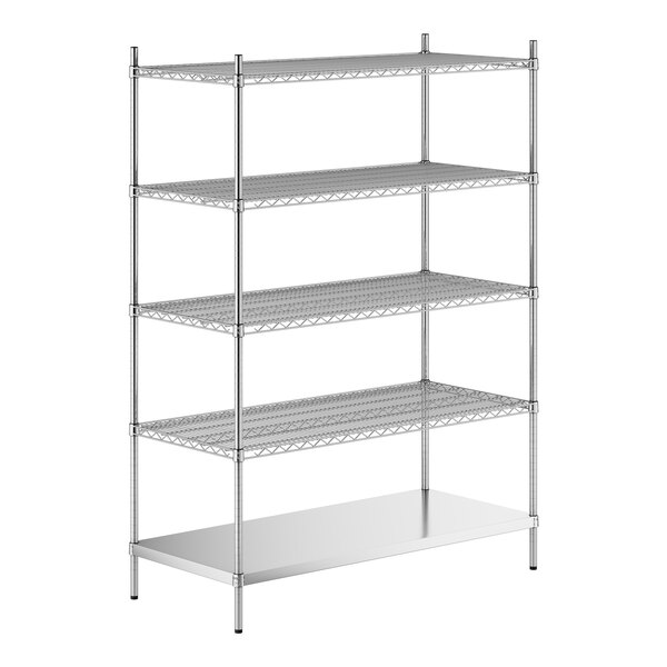 A stainless steel wire shelf kit with 5 shelves and solid bottom.