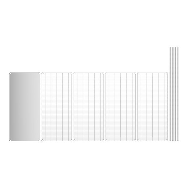 A stainless steel wire shelf kit with five rectangular metal grids and several metal rods.
