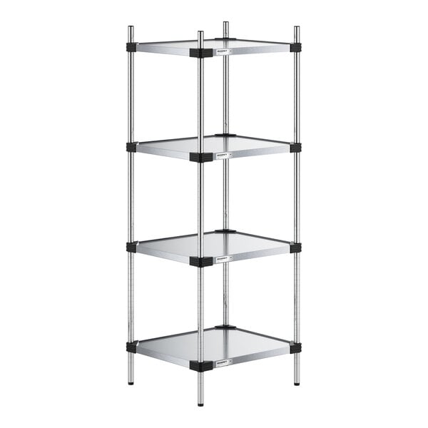 A four-tier metal shelving unit with solid rectangular shelves and vertical support posts.