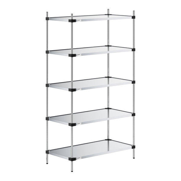 A five-tier shelving unit with solid metal shelves and four vertical support posts.