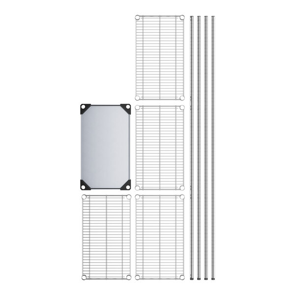 A Regency chrome wire shelving unit with a solid galvanized steel bottom shelf and metal posts.