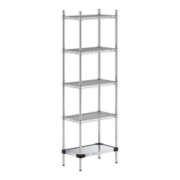 Regency 14" x 24" NSF Chrome Wire 5-Shelf Kit with Solid Galvanized Steel Bottom Shelf and 74" Posts