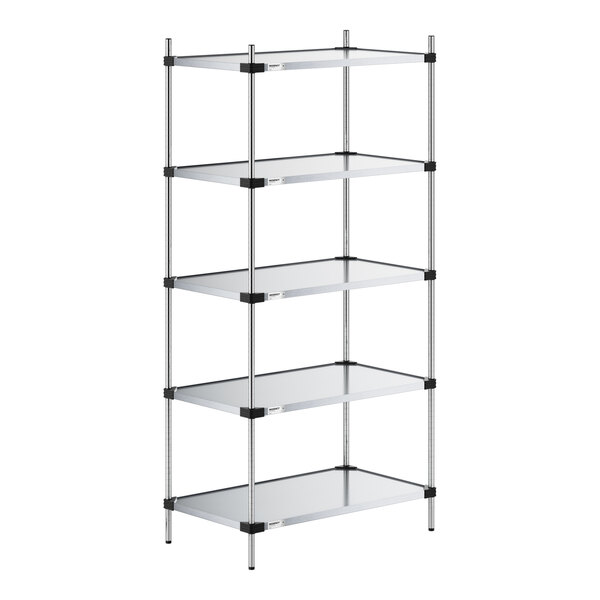A five-tier shelving unit with solid metal shelves and four vertical support posts.