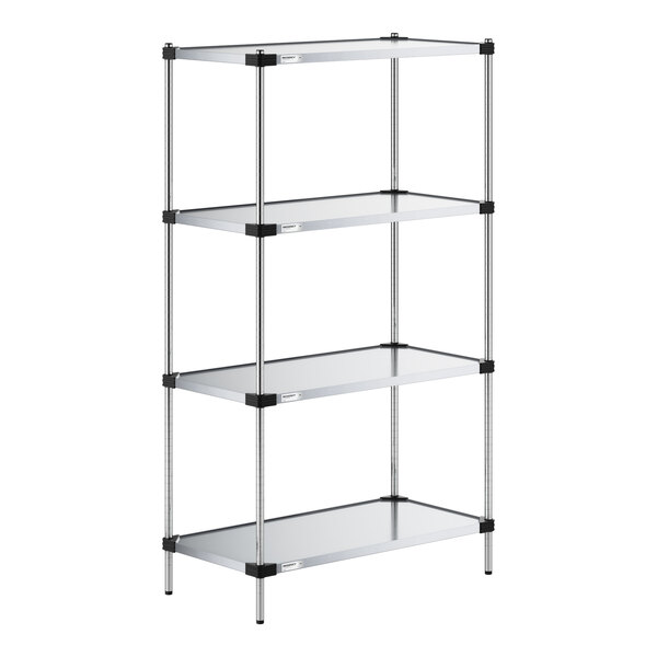 A four-tier shelving unit with solid metal shelves and vertical metal posts, featuring a simple and industrial design.