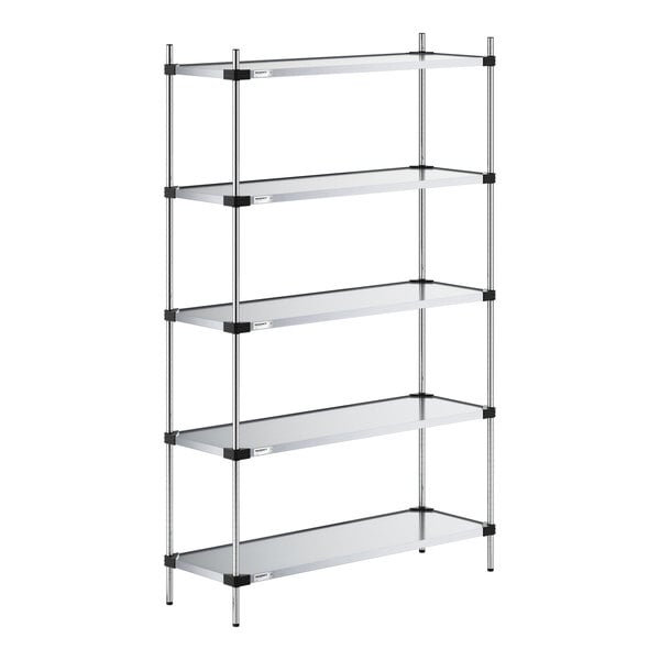 A five-tier shelving unit with solid metal shelves and four vertical support posts.
