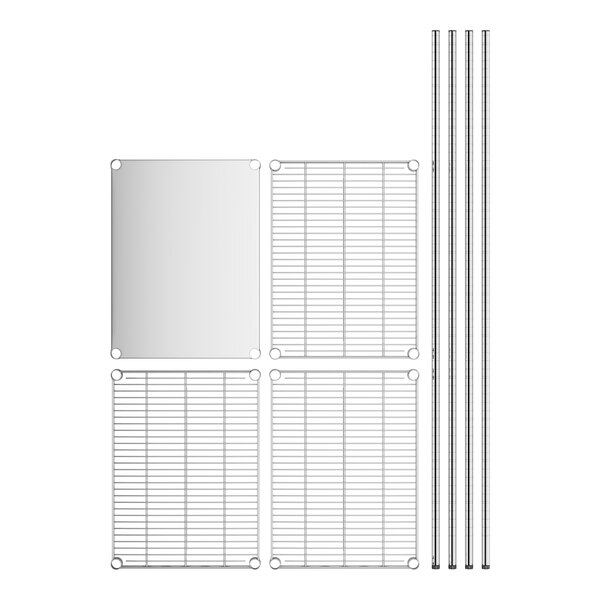 A white metal grid with solid stainless steel shelves and rods.