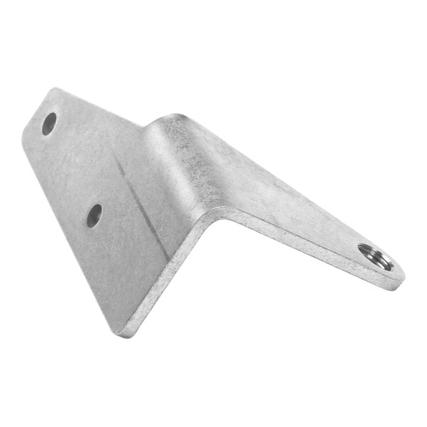 A metal corner bracket with a hole on the bottom right.