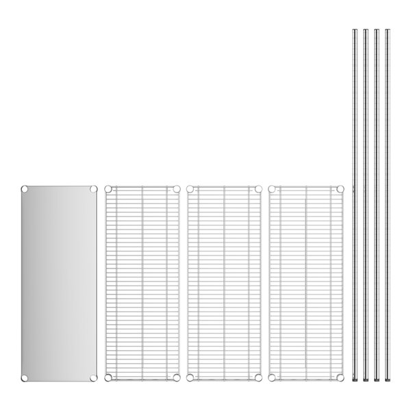 A white sheet with four metal wire shelves and metal rods.