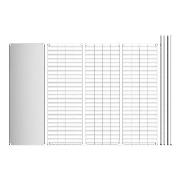 A white metal grid shelf kit with solid stainless steel shelves.