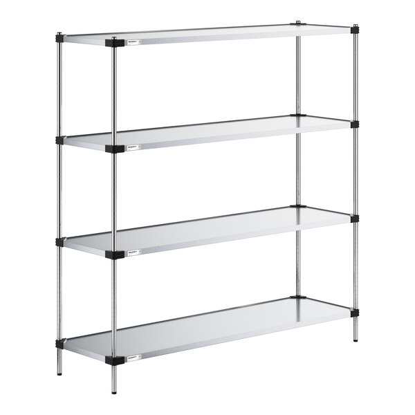 A four-tier metal shelving unit with solid shelves and vertical support posts.