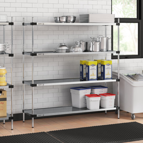 A Regency metal shelving unit in a professional kitchen.