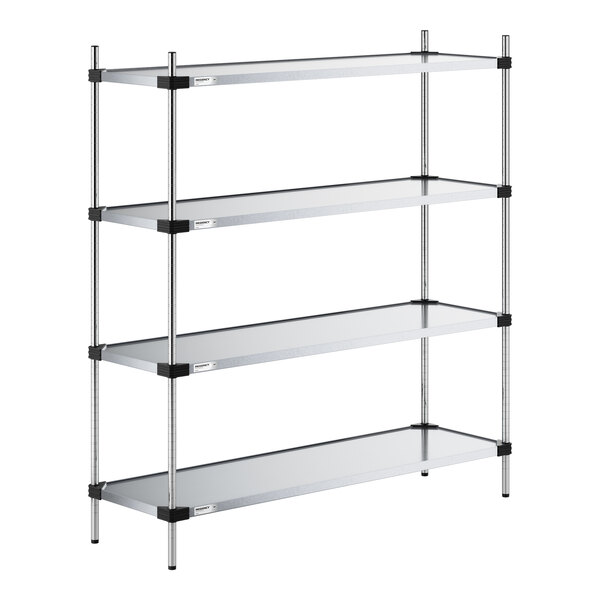 A four-tier metal shelving unit with solid shelves and vertical support posts.