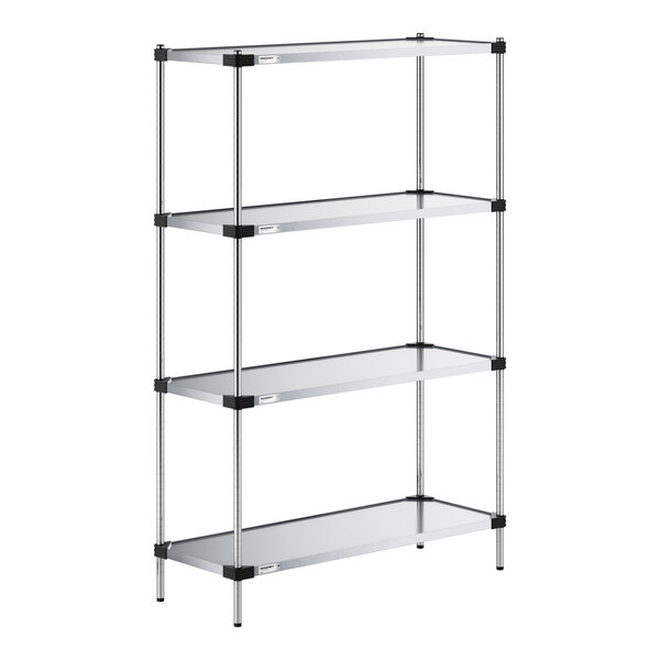 A four-tier metal shelving unit with solid shelves and vertical support posts.