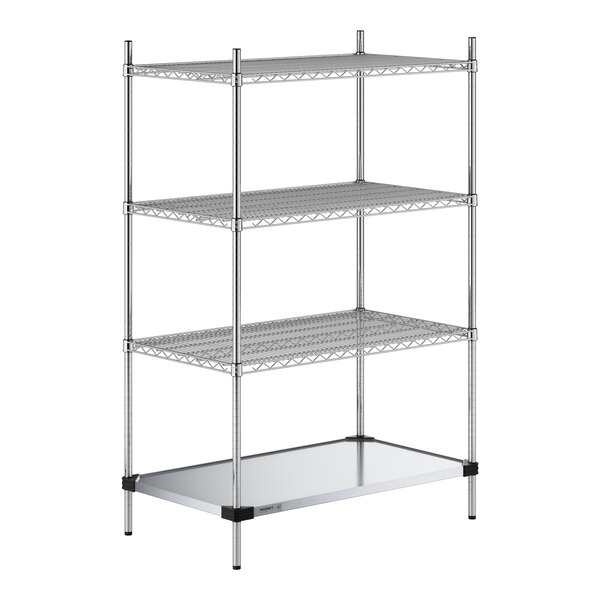 A Regency chrome wire shelving unit with three shelves and a solid metal shelf.